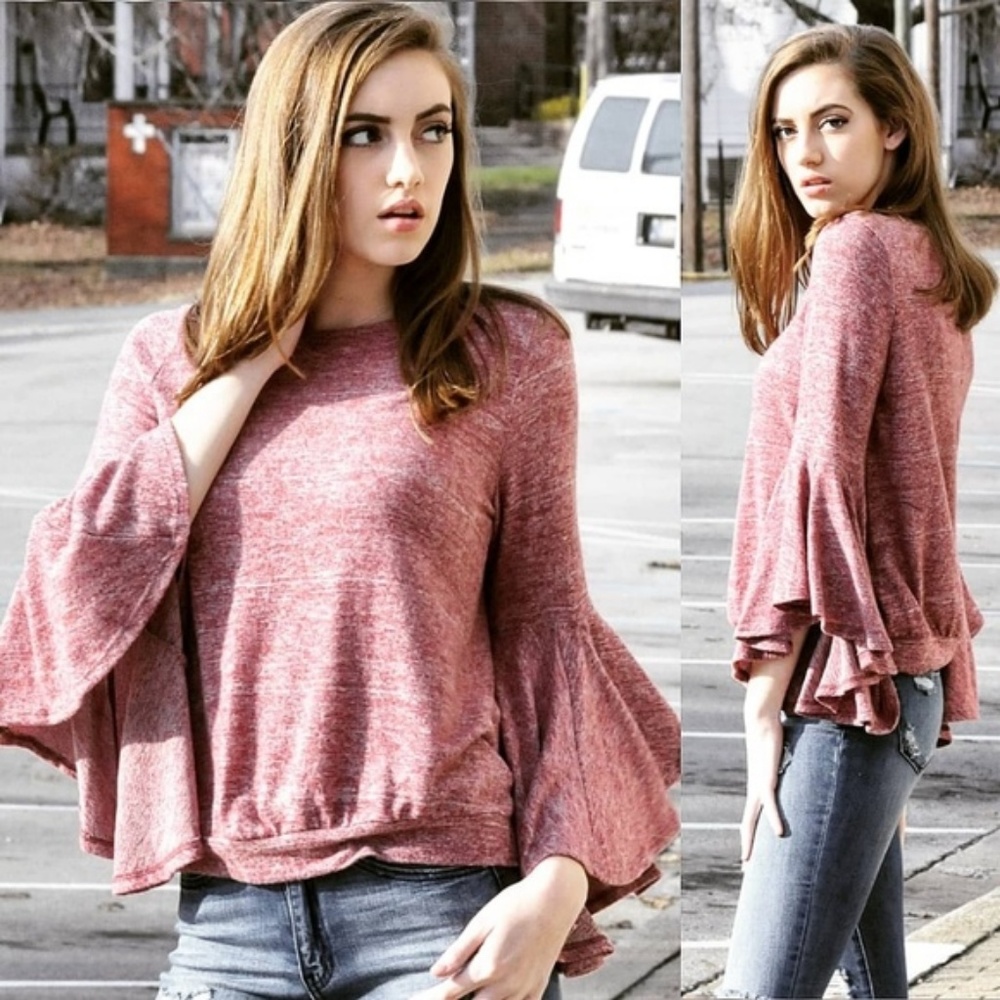‼️LAST DAY 9/30‼️Made in USA! Ultra-Soft Heathered Trumpet Sleeve Knit Top